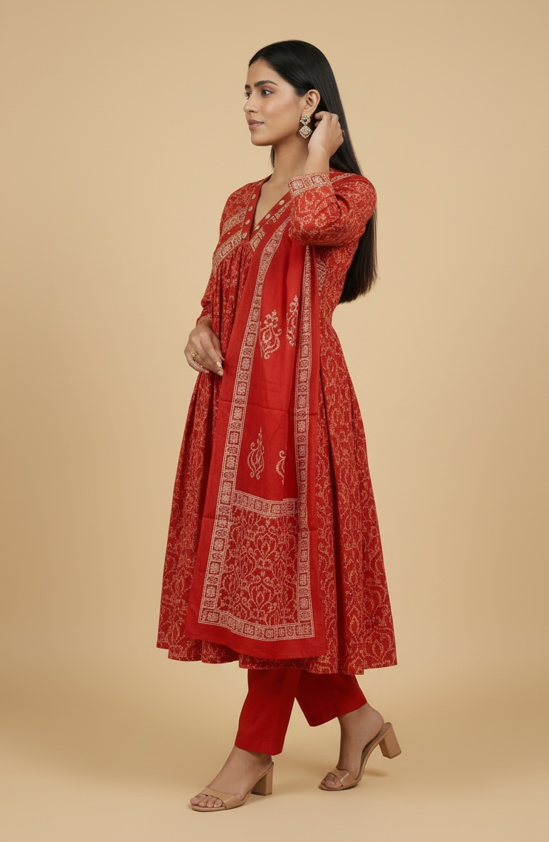 Premium Cotton Printed Anarkali Kurta Set with Dupatta – Red Ethnic Wear for Women