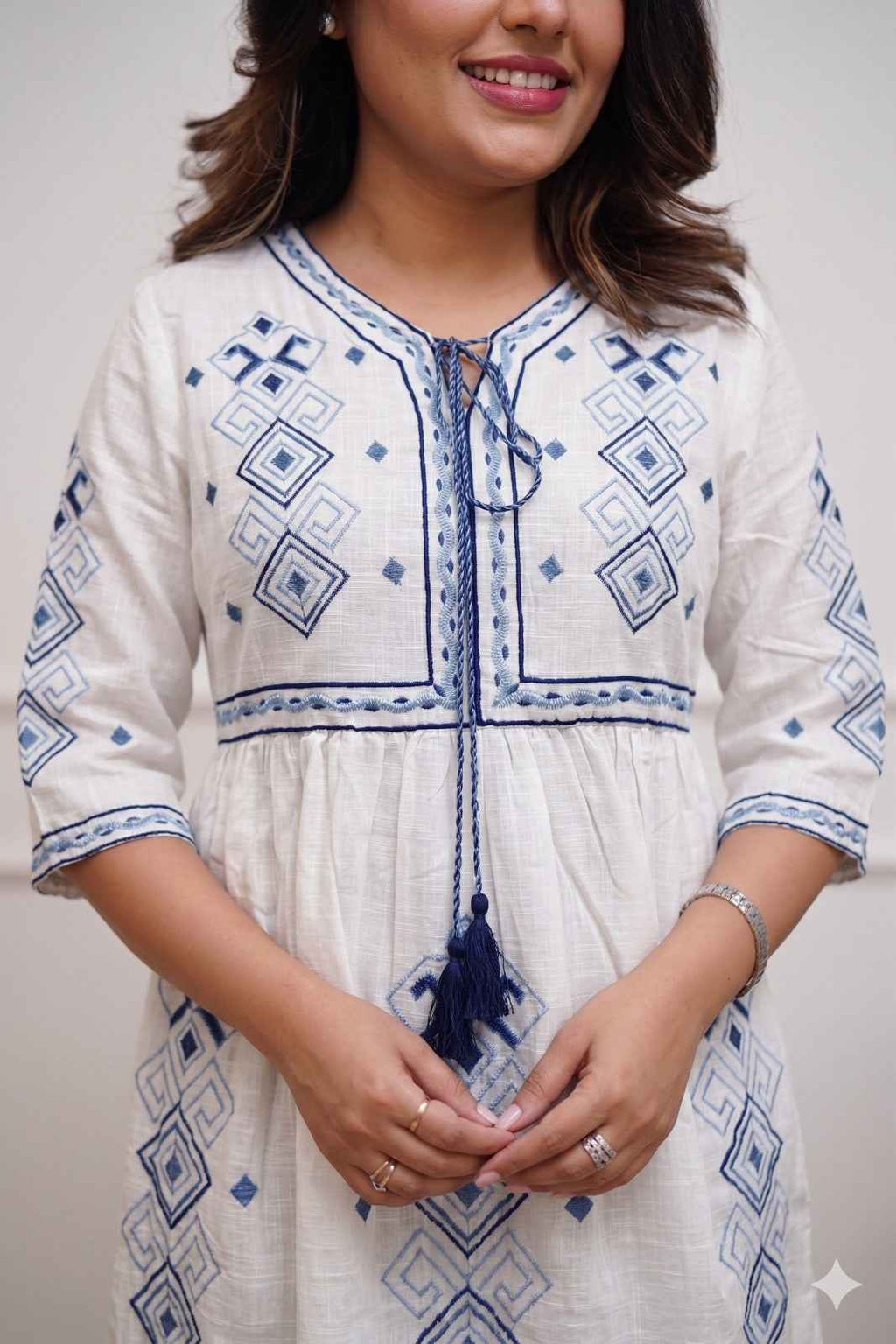 White Blue Flex Cotton Embroidered Midi Dress for Women