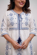White Blue Flex Cotton Embroidered Midi Dress for Women