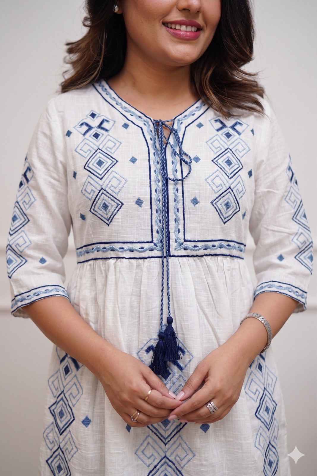 White Blue Flex Cotton Embroidered Midi Dress for Women