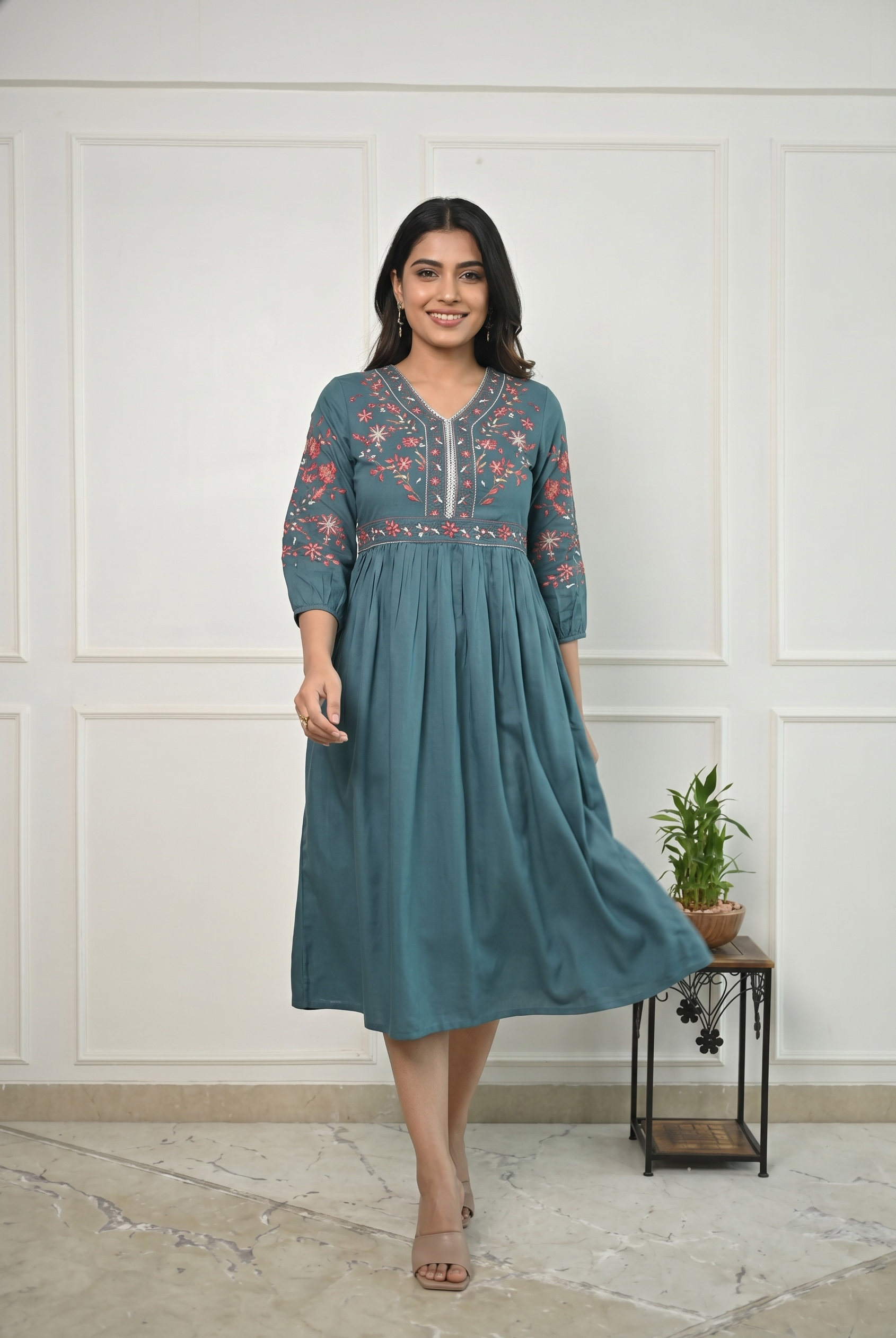 Rayon Western Dress with Thread Embroidery for Women