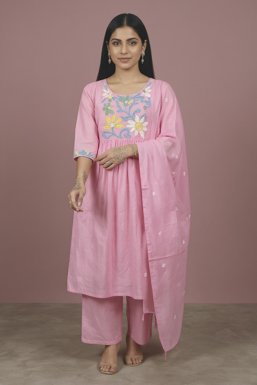 Premium Mul Cotton Embroidered Kurta Set with Dupatta with lining – Soft Pink Floral Ethnic Wear for Women