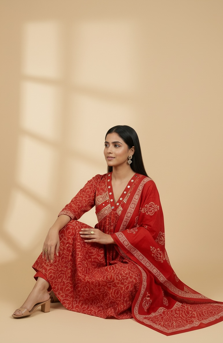 Red Floral Cotton Anarkali Kurta Set with Dupatta