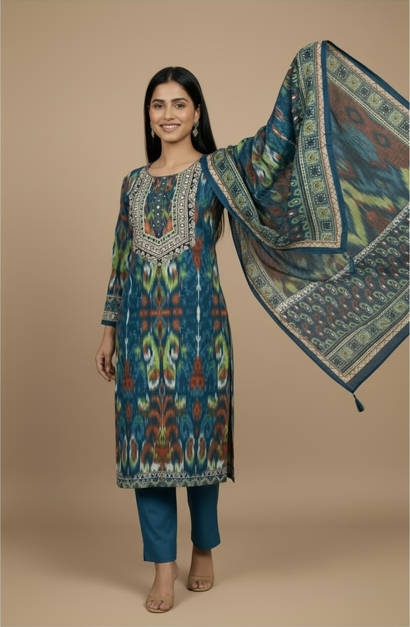Teal Blue Ikat Cotton Kurta Set with Dupatta