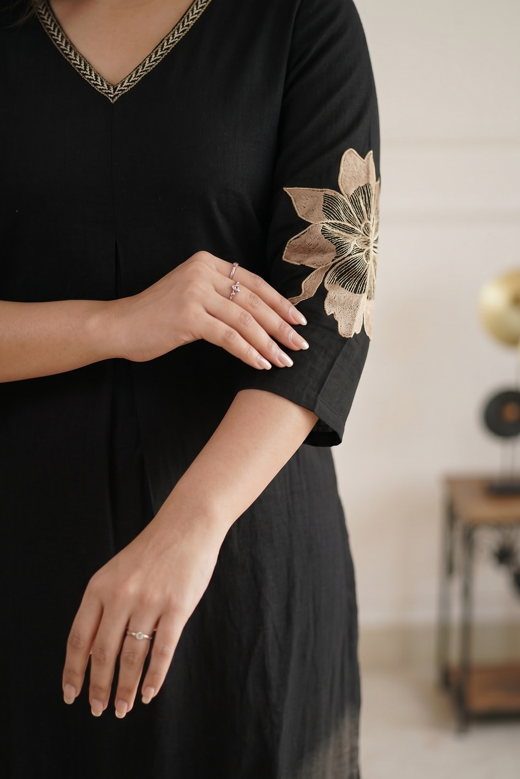 Black Cotton Kurta Pant Set with Gold Floral Detailing for Women