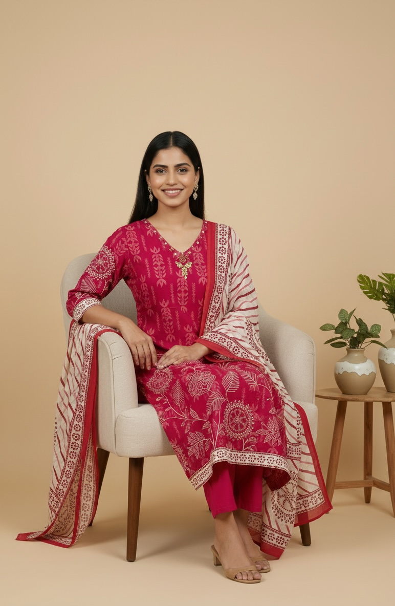 Premium Cotton Printed Kurta Set with Dupatta – Rani Pink Floral Ethnic Wear for Women