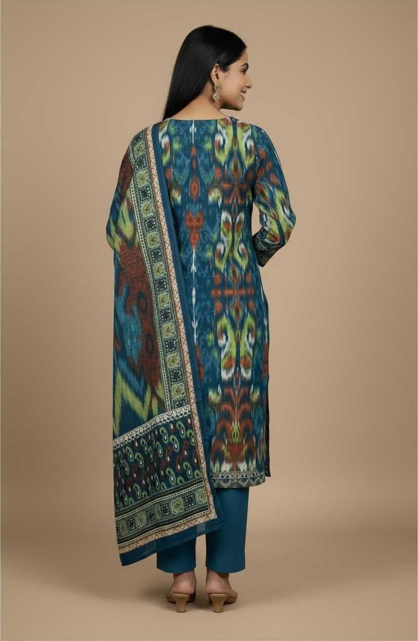 Teal Blue Multicolour Ikat Print Premium Cotton Kurti Set with Dupatta