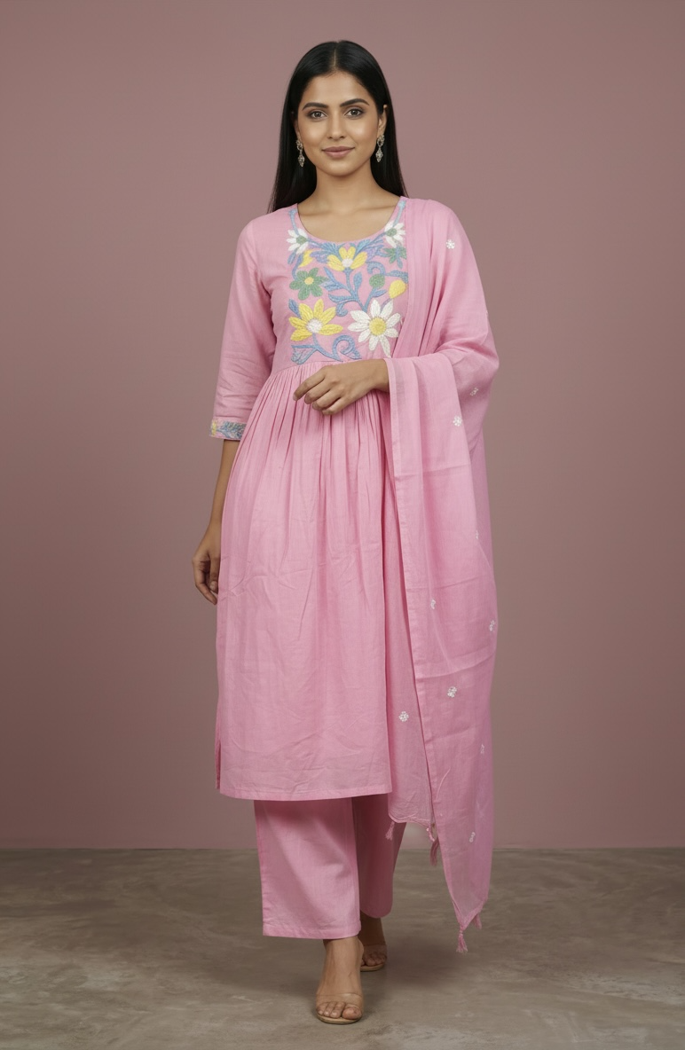 Premium Mul Cotton Embroidered Kurta Set with Dupatta with lining – Soft Pink Floral Ethnic Wear for Women