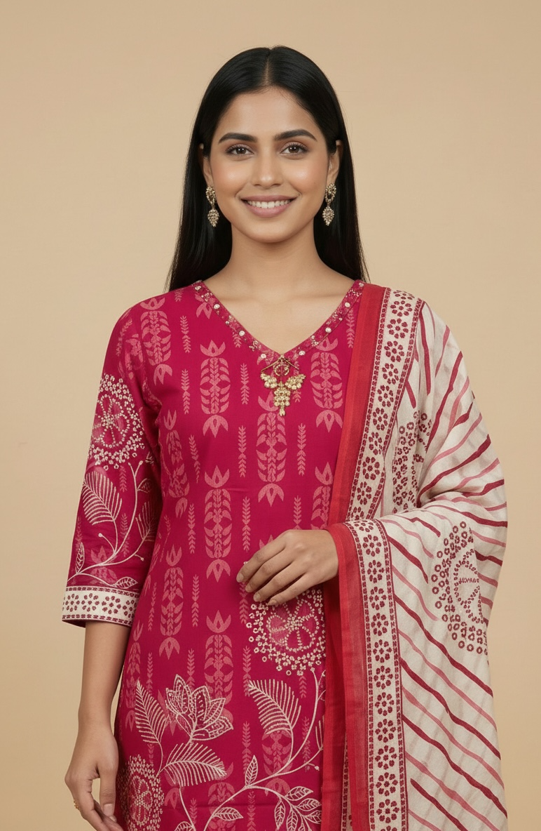 Premium Cotton Printed Kurta Set with Dupatta – Rani Pink Floral Ethnic Wear for Women