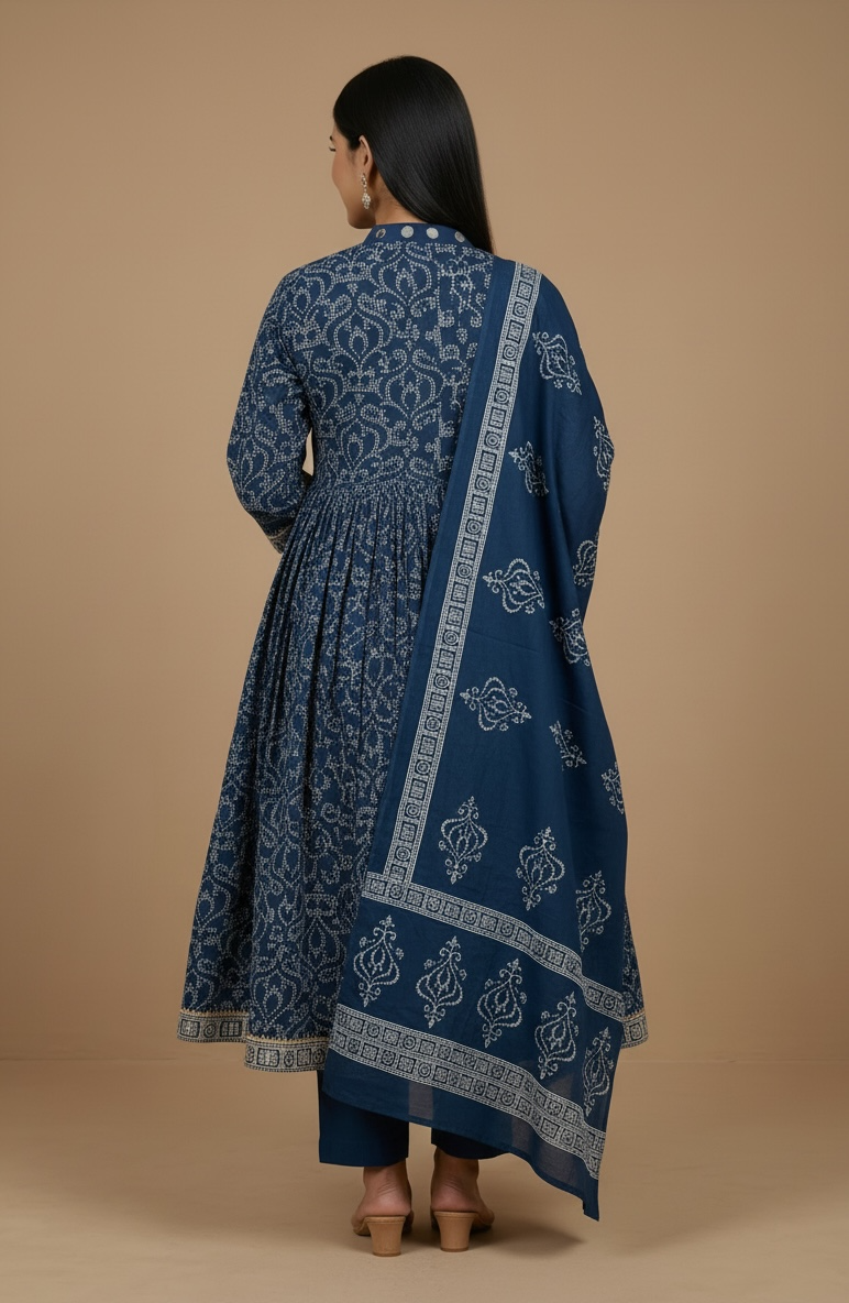 Blue Floral Cotton Anarkali Kurta Set with Dupatta