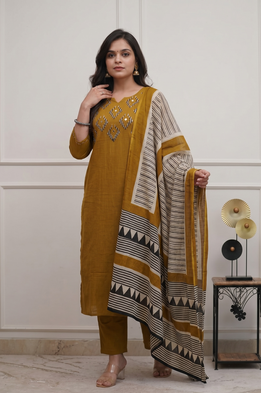 Mustard Cotton Handloom Kurta Set with Printed Dupatta for Women