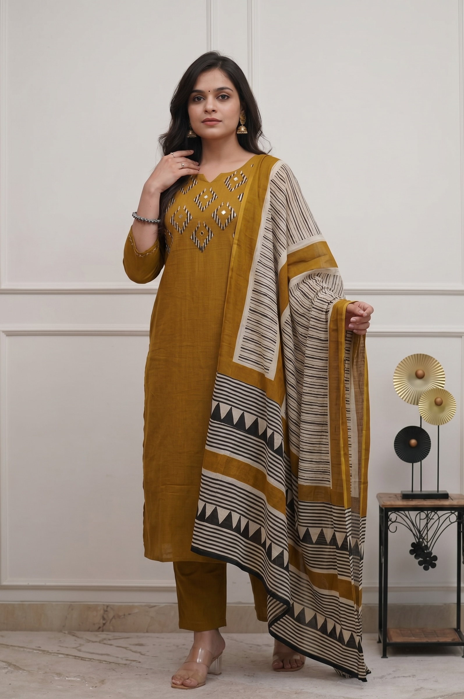 Mustard Cotton Handloom Kurta Set with Printed Dupatta for Women