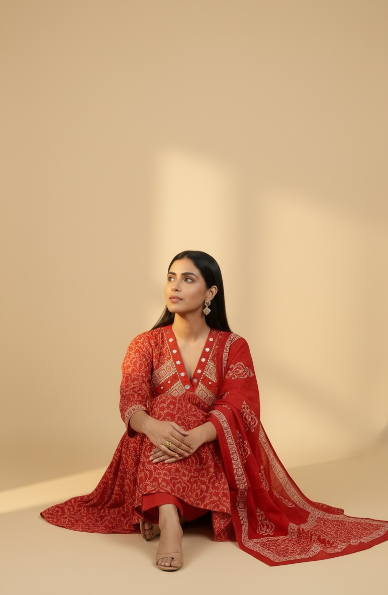 Premium Cotton Printed Anarkali Kurta Set with Dupatta – Red Ethnic Wear for Women