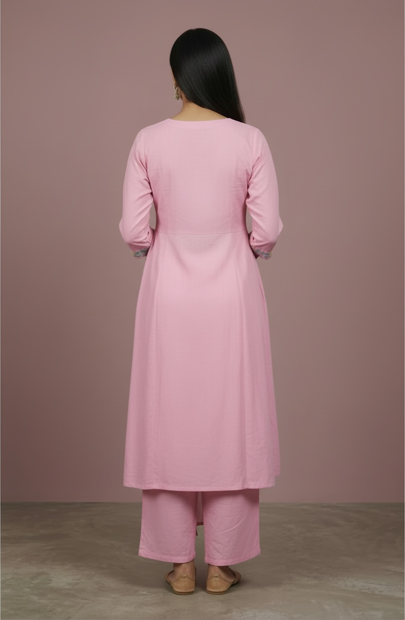 Premium Mul Cotton Embroidered Kurta Set with Dupatta with lining – Soft Pink Floral Ethnic Wear for Women