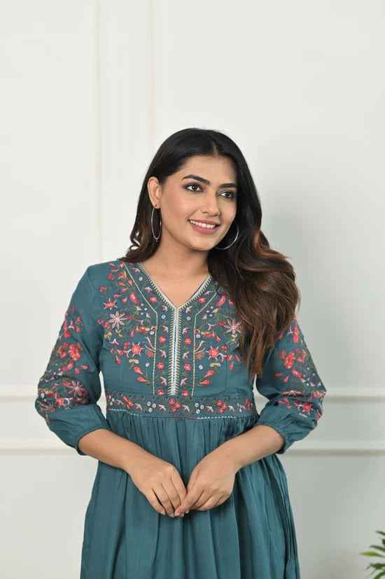 Rayon Western Dress with Thread Embroidery for Women