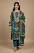 Teal Blue Multicolour Ikat Print Premium Cotton Kurti Set with Dupatta