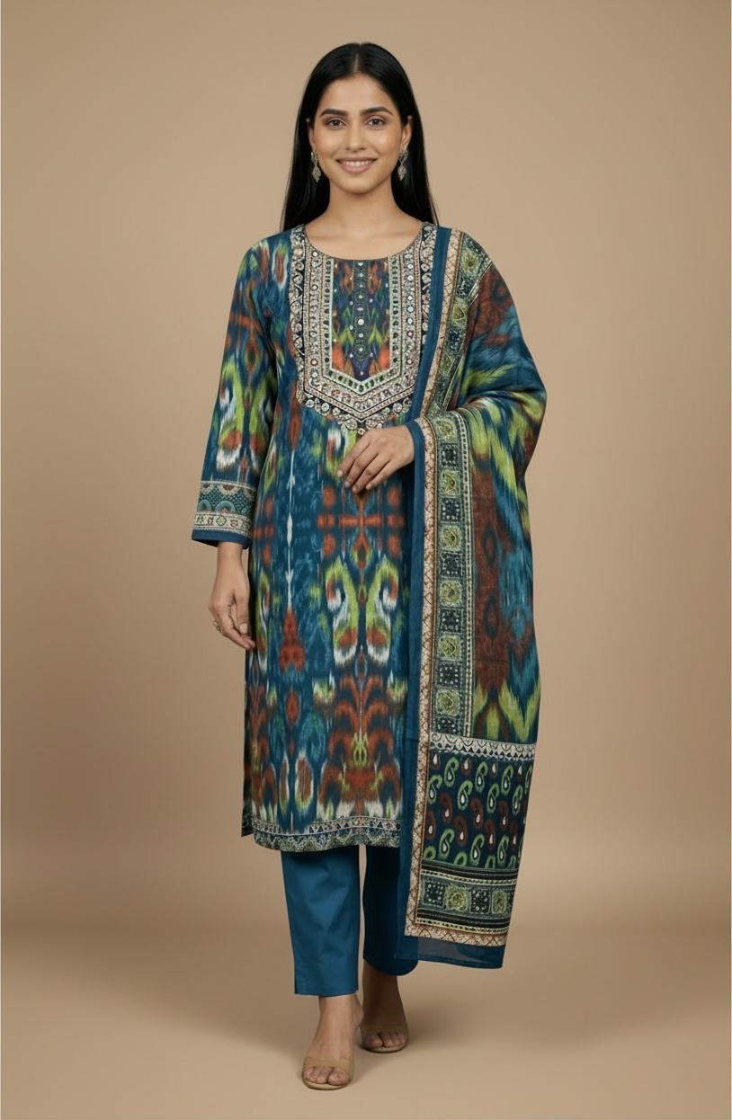 Teal Blue Multicolour Ikat Print Premium Cotton Kurti Set with Dupatta