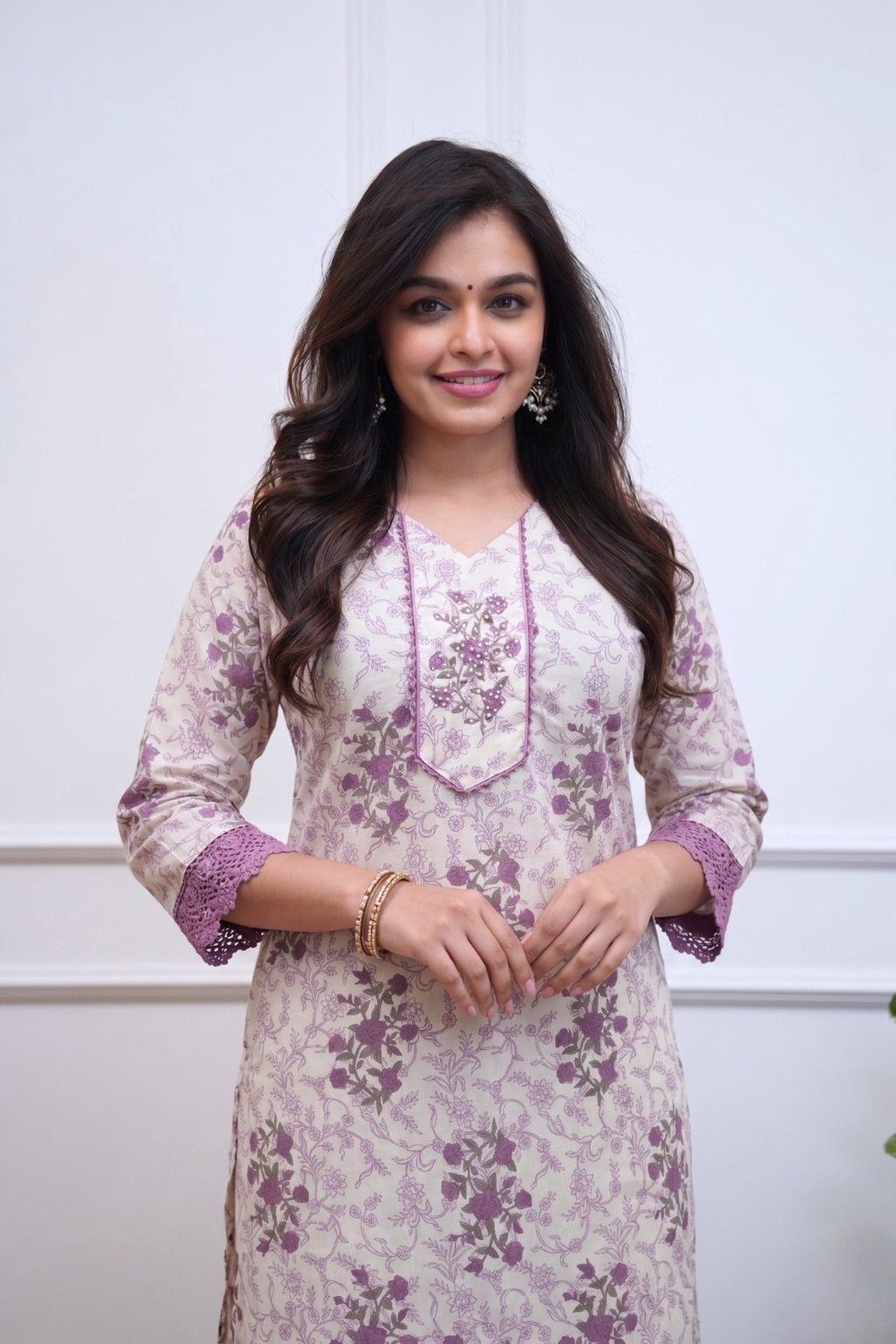Lavender Floral Cotton Kurta Palazzo Set for Women