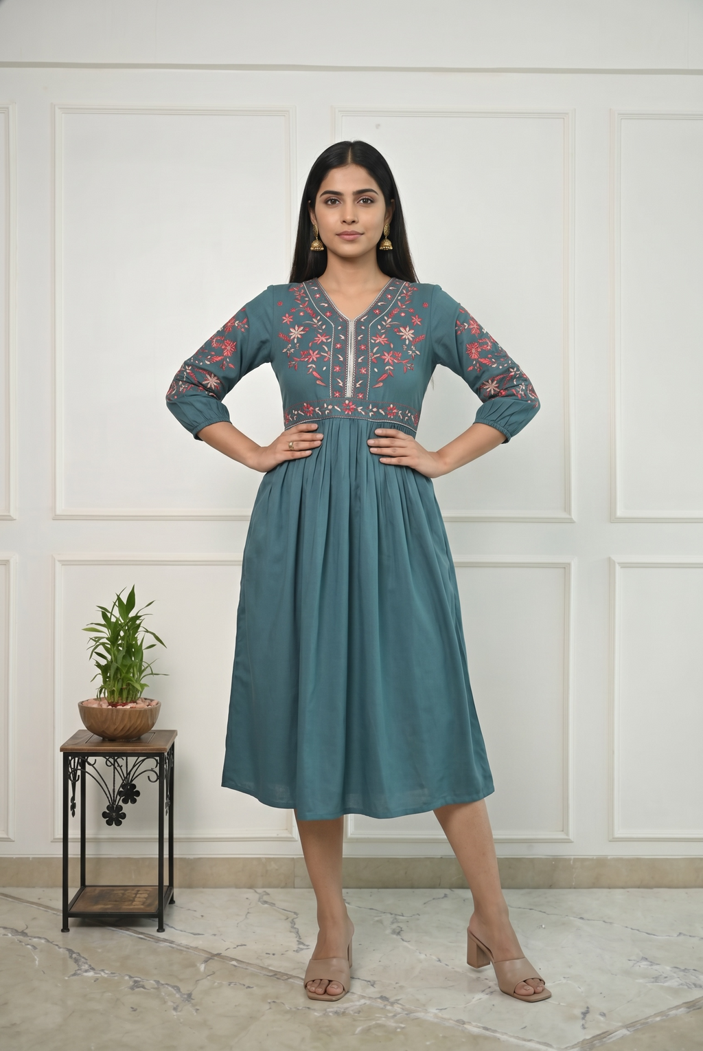 Rayon Western Dress with Thread Embroidery for Women
