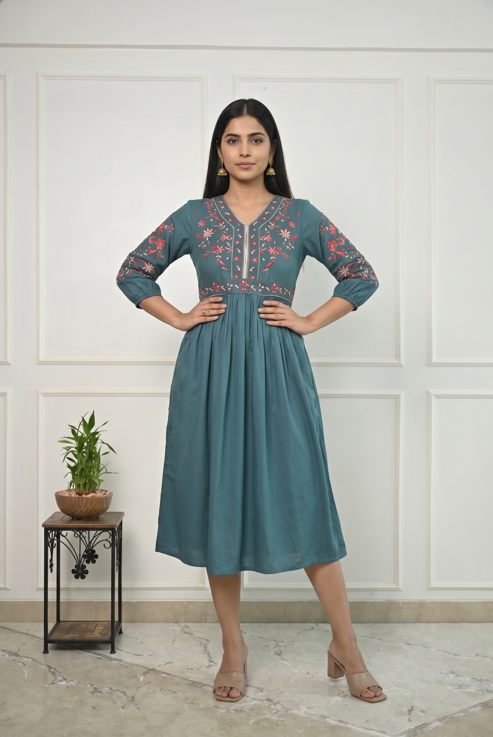 Rayon Western Dress with Thread Embroidery for Women