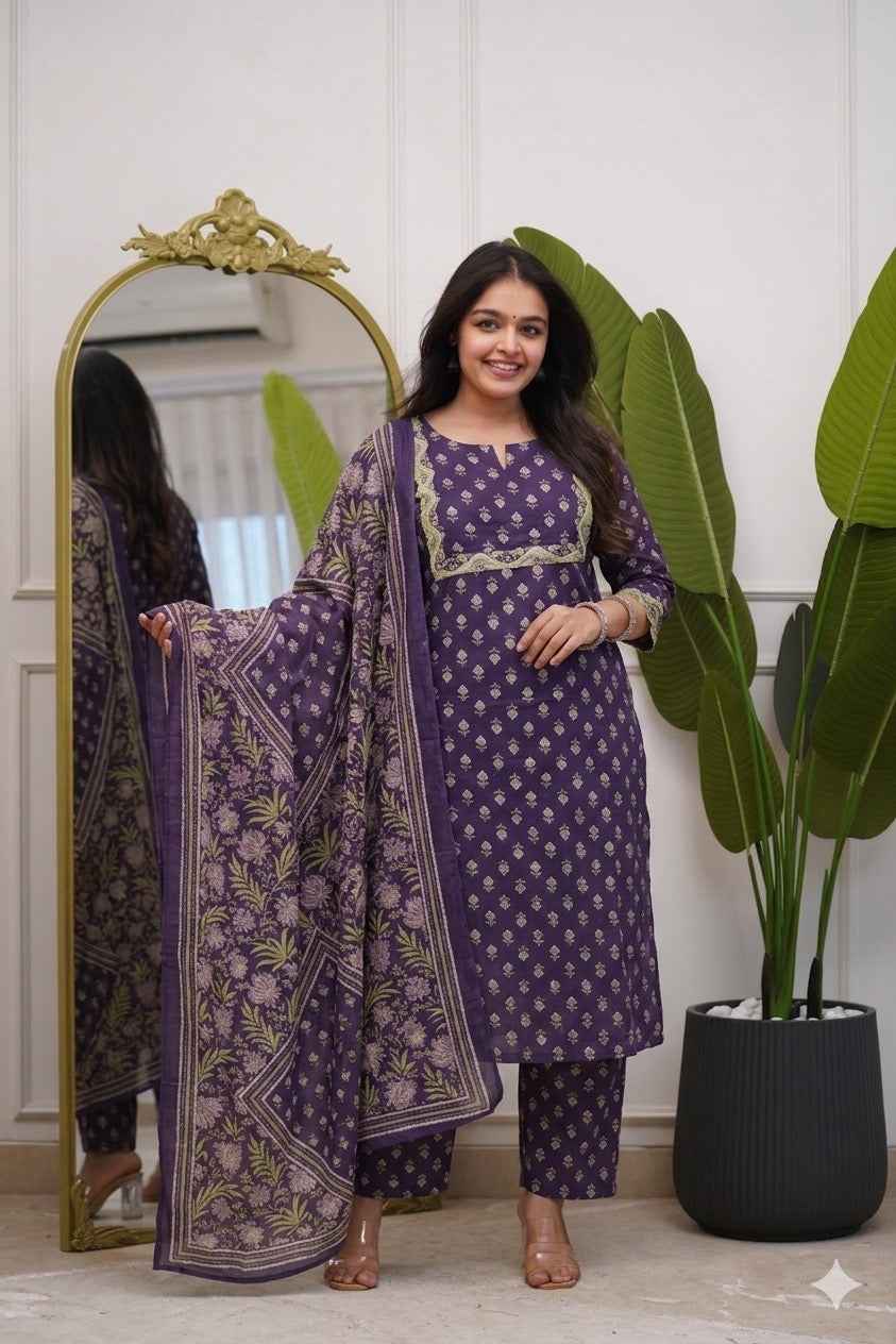Royal Purple Premium Cotton Kurta Pant Set for Women