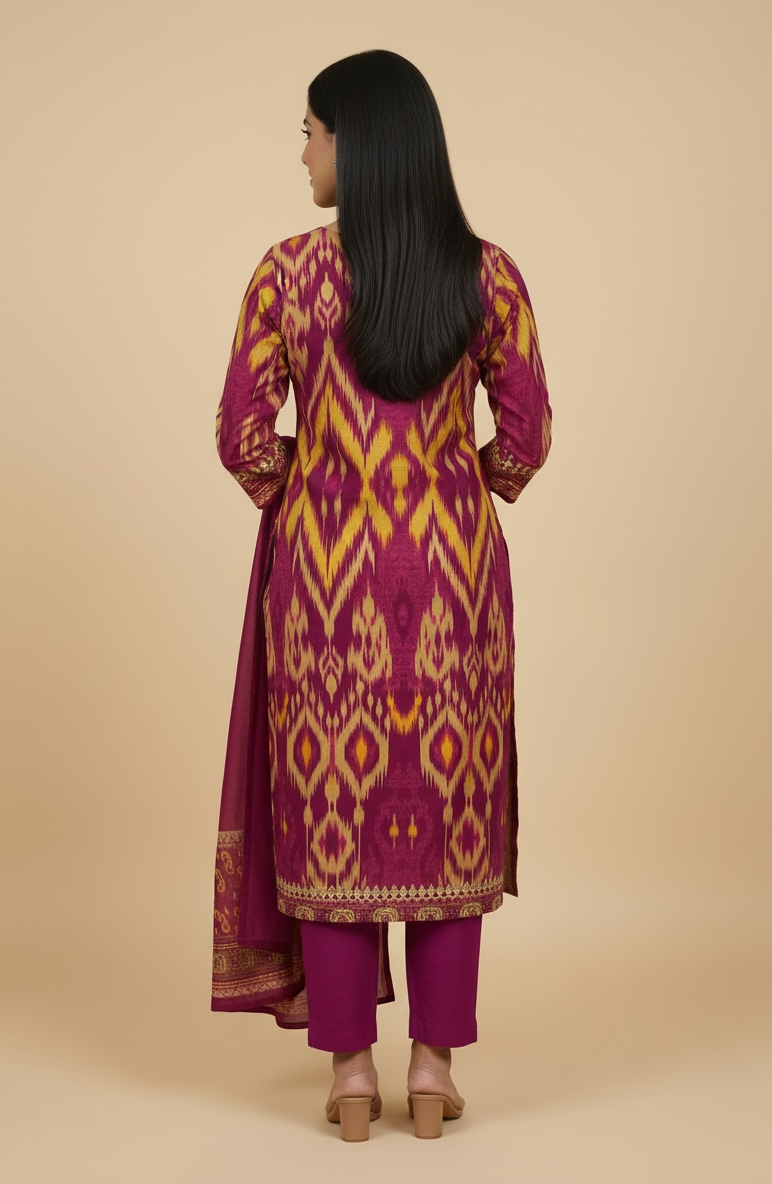 Magenta Ikat Print Premium Cotton Kurti Set with Dupatta