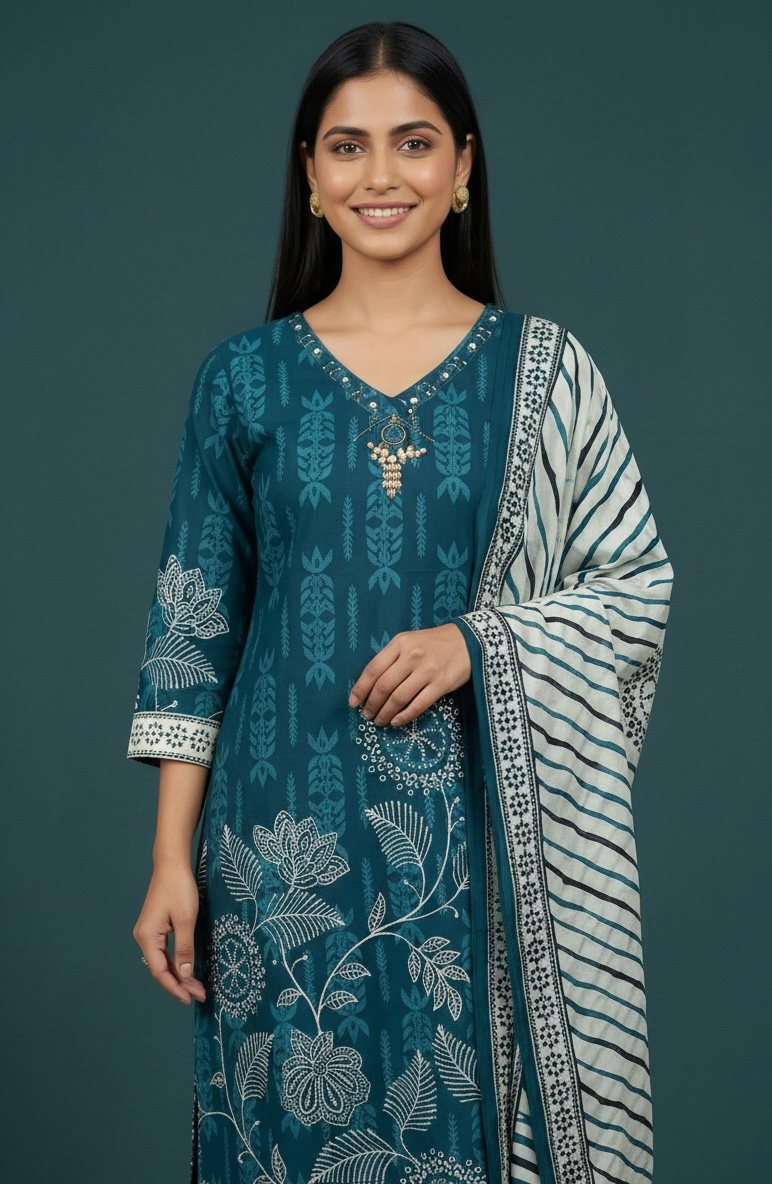 Premium Cotton Printed Kurta Set with Dupatta – Teal Blue Floral Ethnic Wear for Women