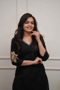 Black Cotton Kurta Pant Set with Gold Floral Detailing for Women