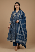 Premium Cotton Printed Anarkali Kurta Set with Dupatta – Blue Ethnic Wear for Women