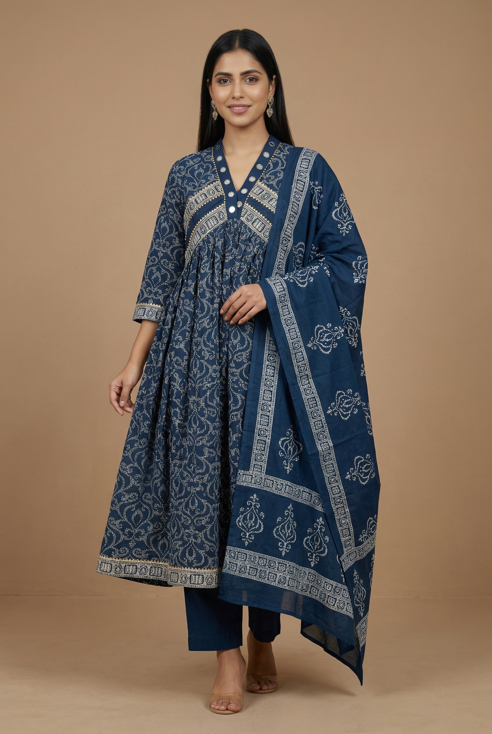 Premium Cotton Printed Anarkali Kurta Set with Dupatta – Blue Ethnic Wear for Women
