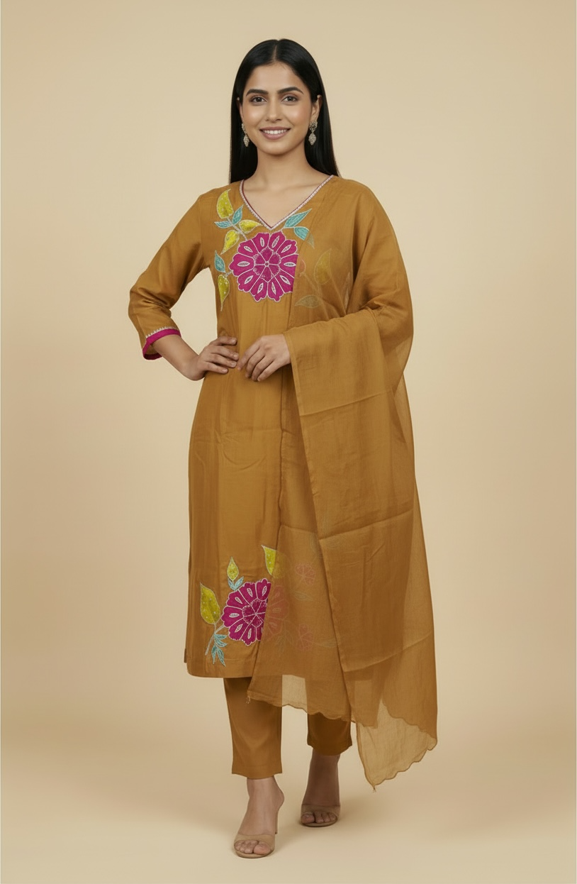 Pure Banarasi Mulchandri Silk Kurta Set with Dupatta and lining – Mustard Embroidered Ethnic Wear for Women