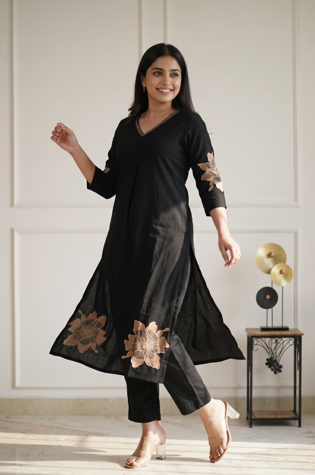 Black Cotton Kurta Pant Set with Gold Floral Detailing for Women