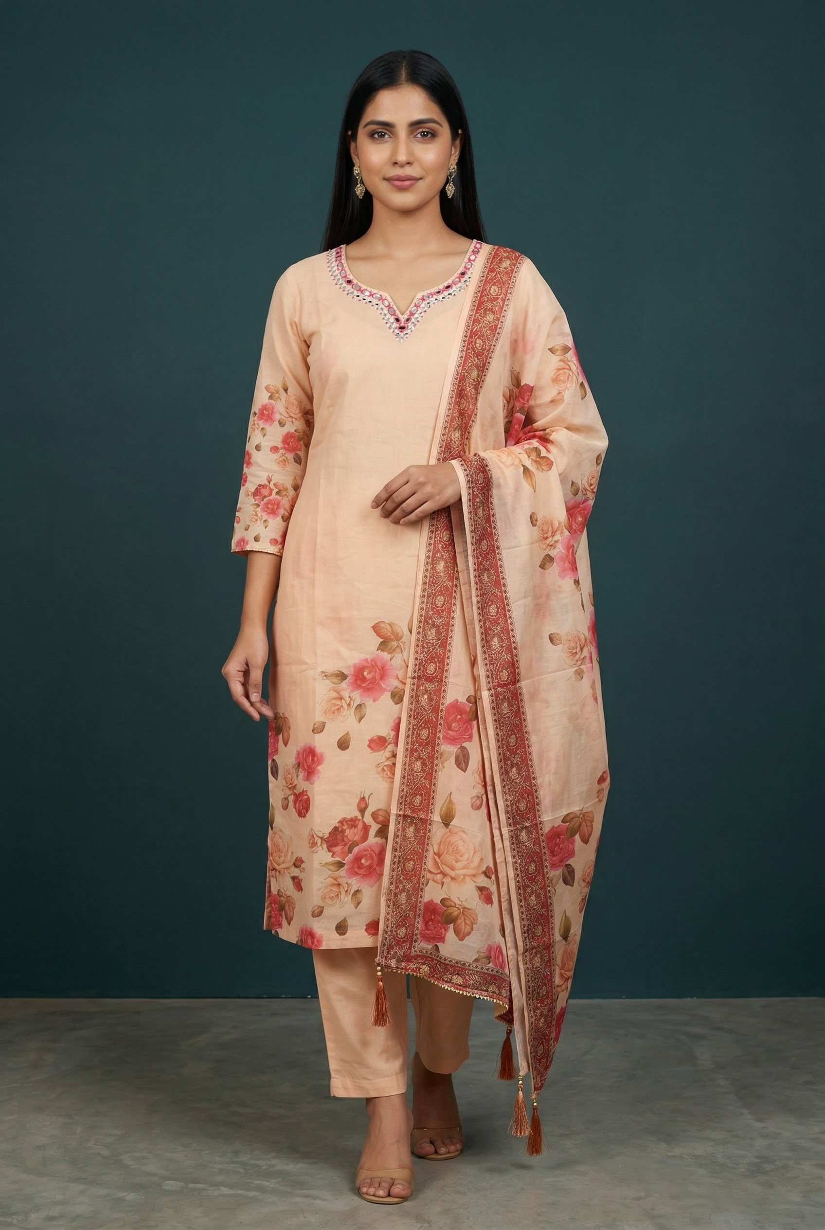 Premium Cotton Floral Printed Kurta Set with Dupatta and lining – Peach Ethnic Wear for Women