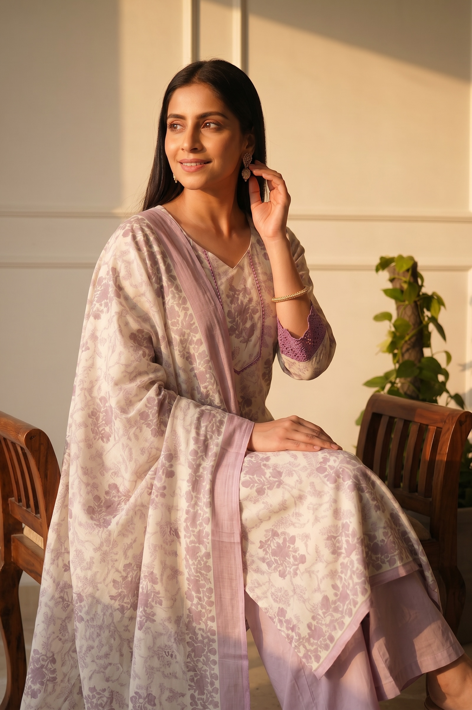 Lavender Floral Cotton Kurta Palazzo Set for Women