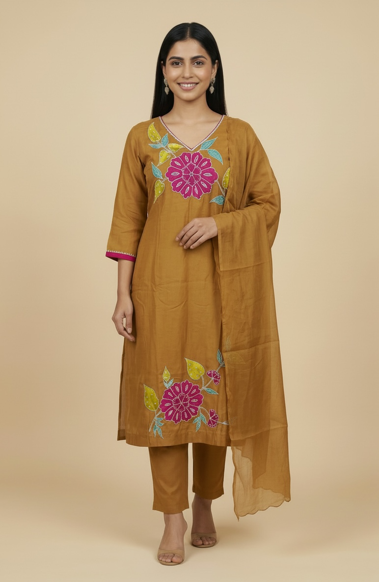 Pure Banarasi Mulchandri Silk Kurta Set with Dupatta and lining – Mustard Embroidered Ethnic Wear for Women