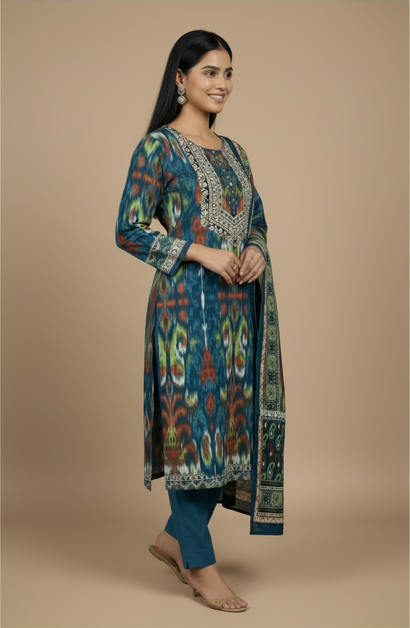 Teal Blue Multicolour Ikat Print Premium Cotton Kurti Set with Dupatta