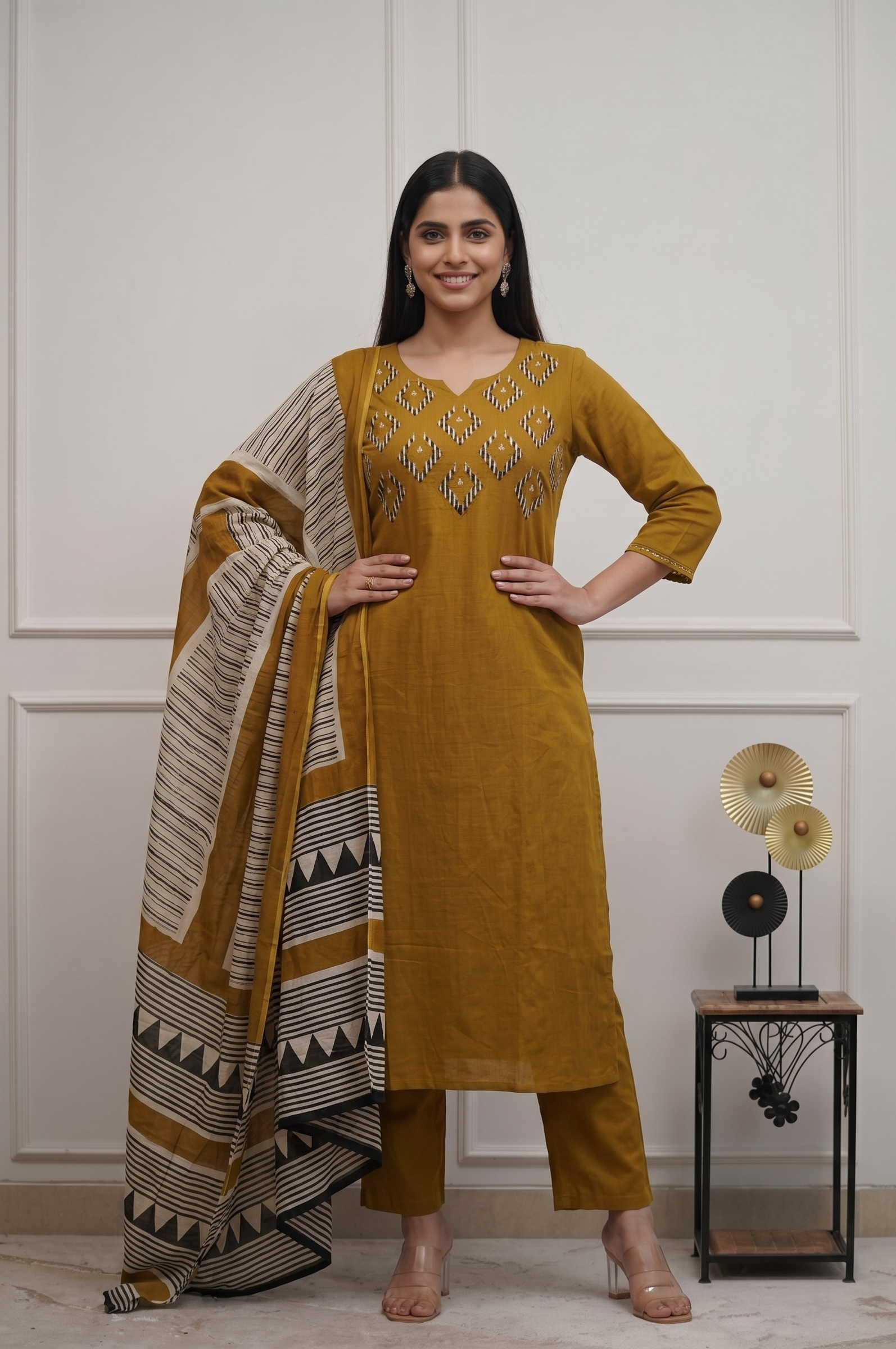 Mustard Cotton Handloom Kurta Set with Printed Dupatta for Women