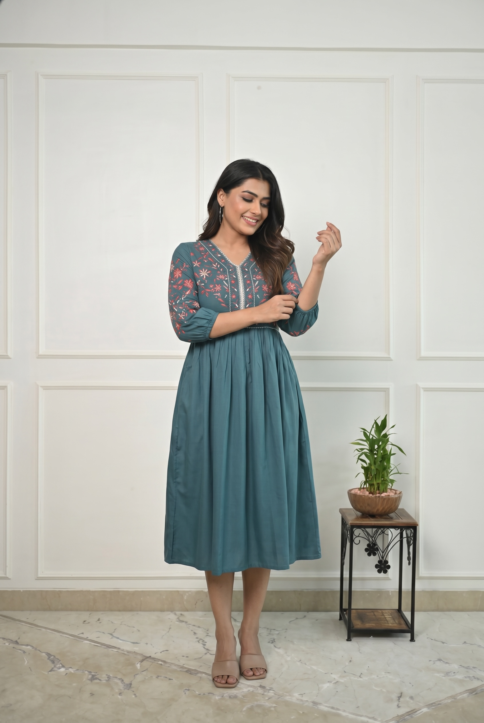 Rayon Western Dress with Thread Embroidery for Women