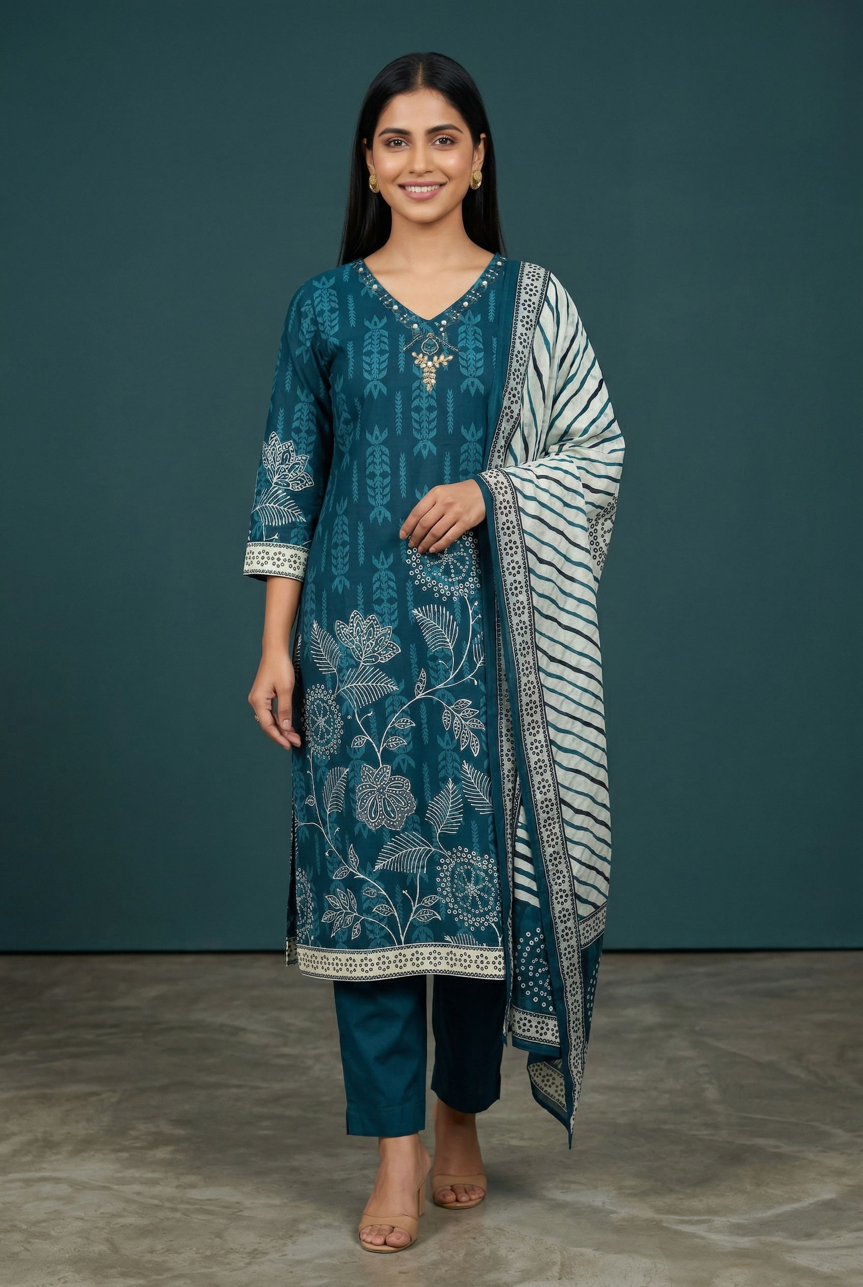 Premium Cotton Printed Kurta Set with Dupatta – Teal Blue Floral Ethnic Wear for Women