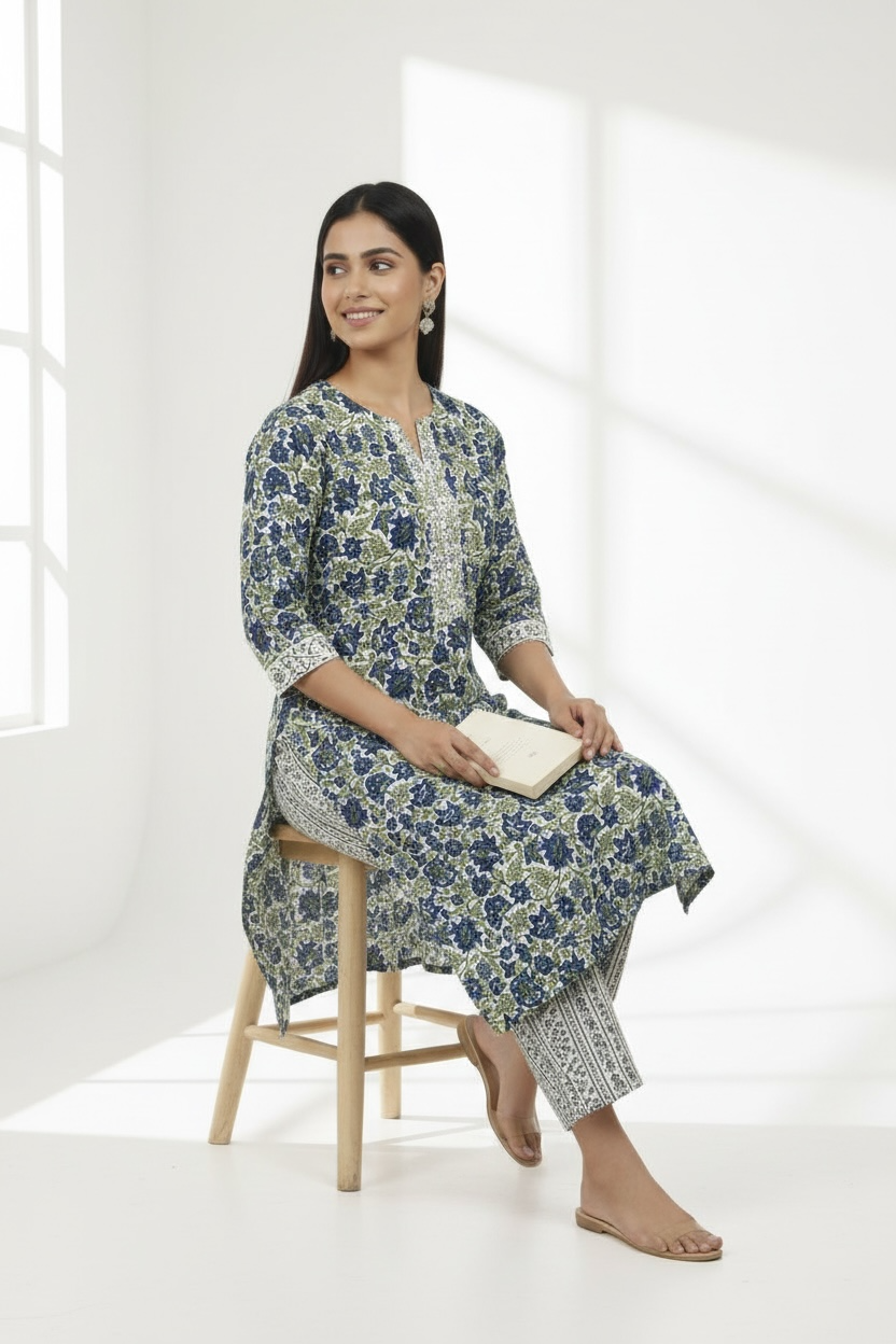 Blue Floral Printed Cotton 2 Piece Kurta Set
