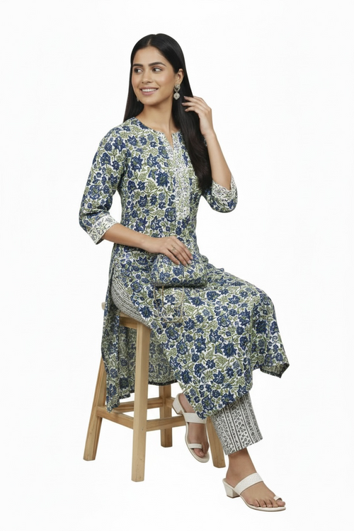 Blue Floral Printed Cotton 2 Piece Kurta Set