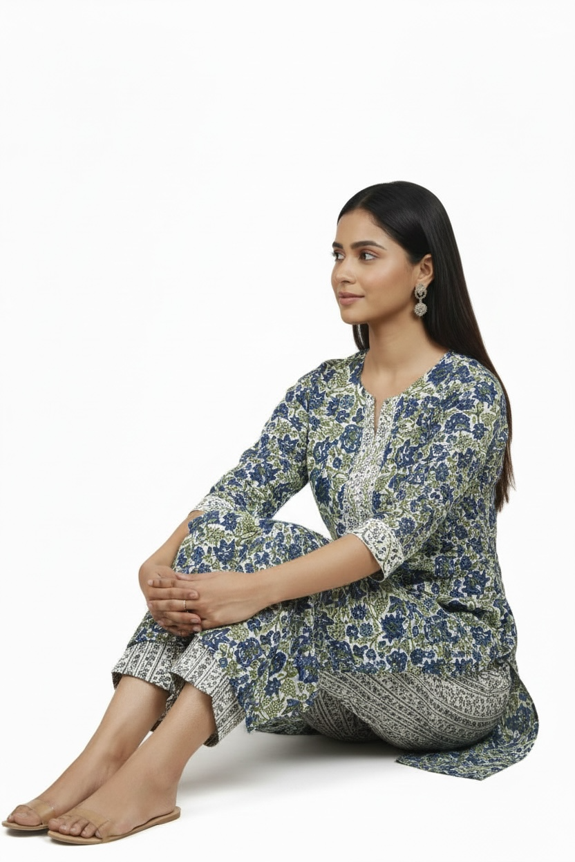 Blue Floral Printed Cotton 2 Piece Kurta Set