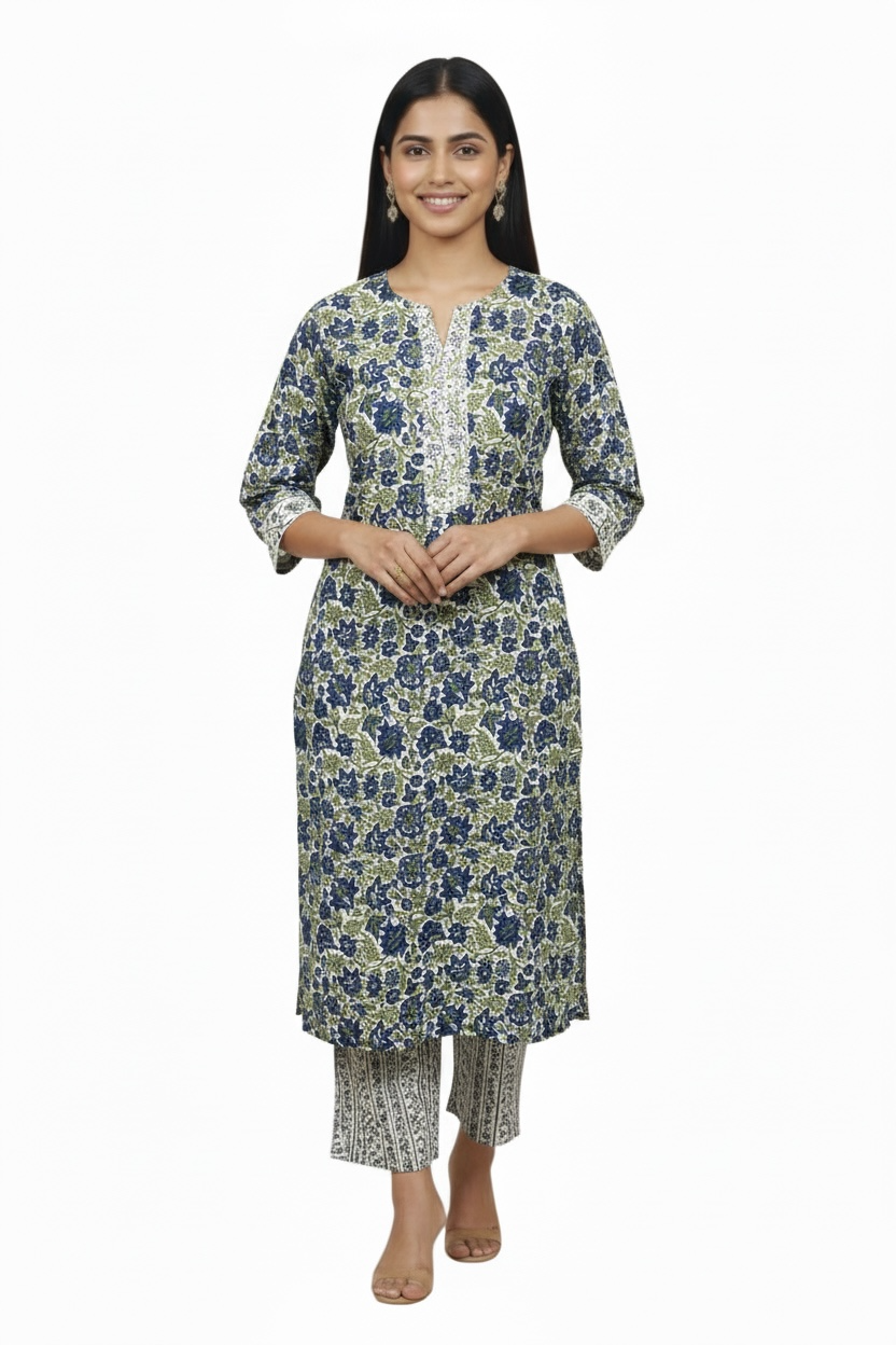 Blue Floral Printed Cotton 2 Piece Kurta Set