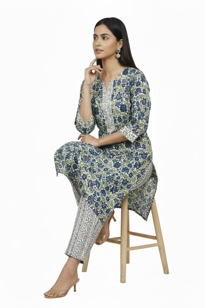 Blue Floral Printed Cotton 2 Piece Kurta Set
