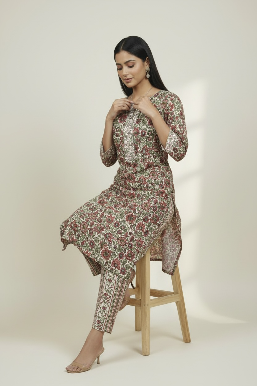Red Floral Printed Cotton 2 Piece Kurta Set