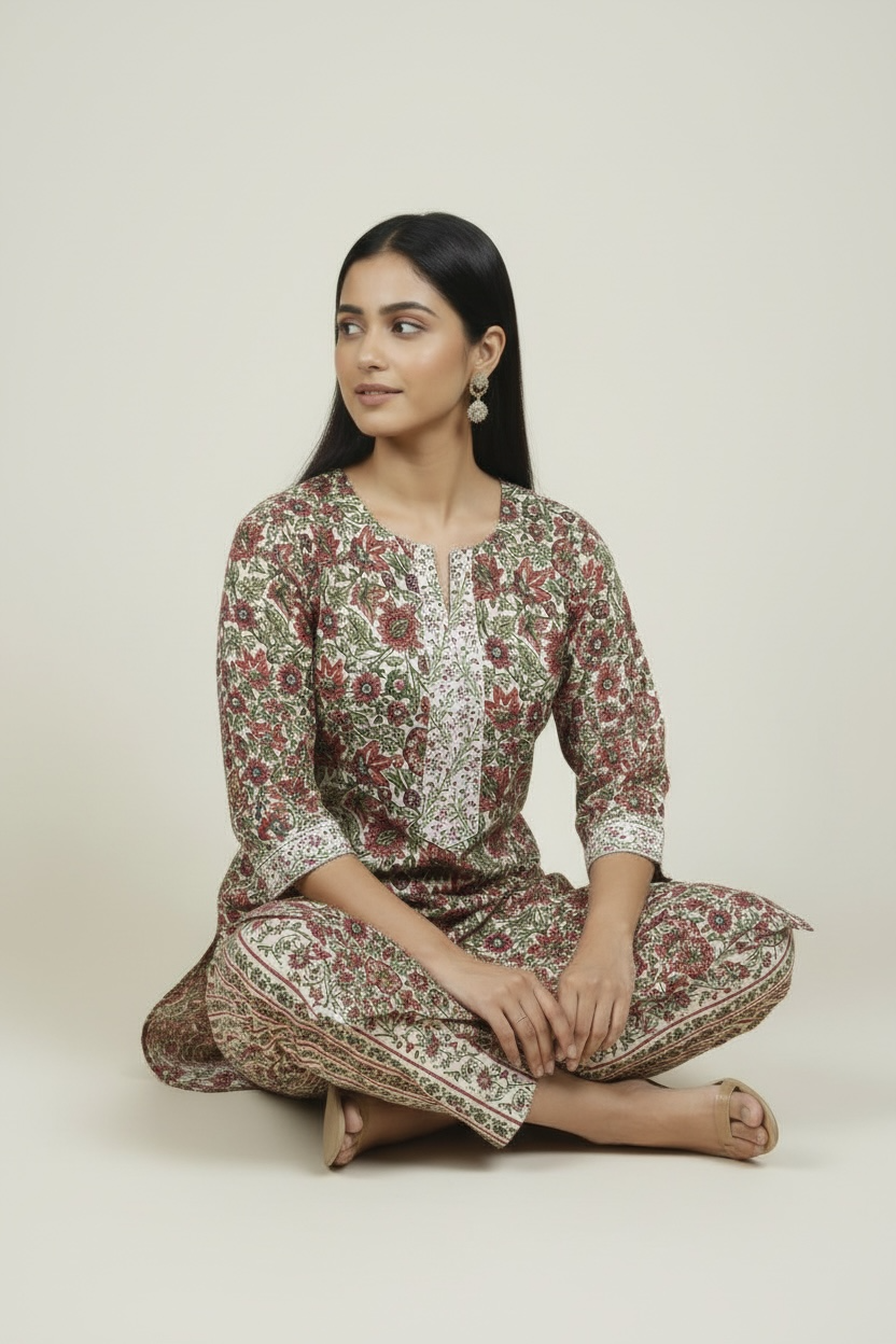 Red Floral Printed Cotton 2 Piece Kurta Set