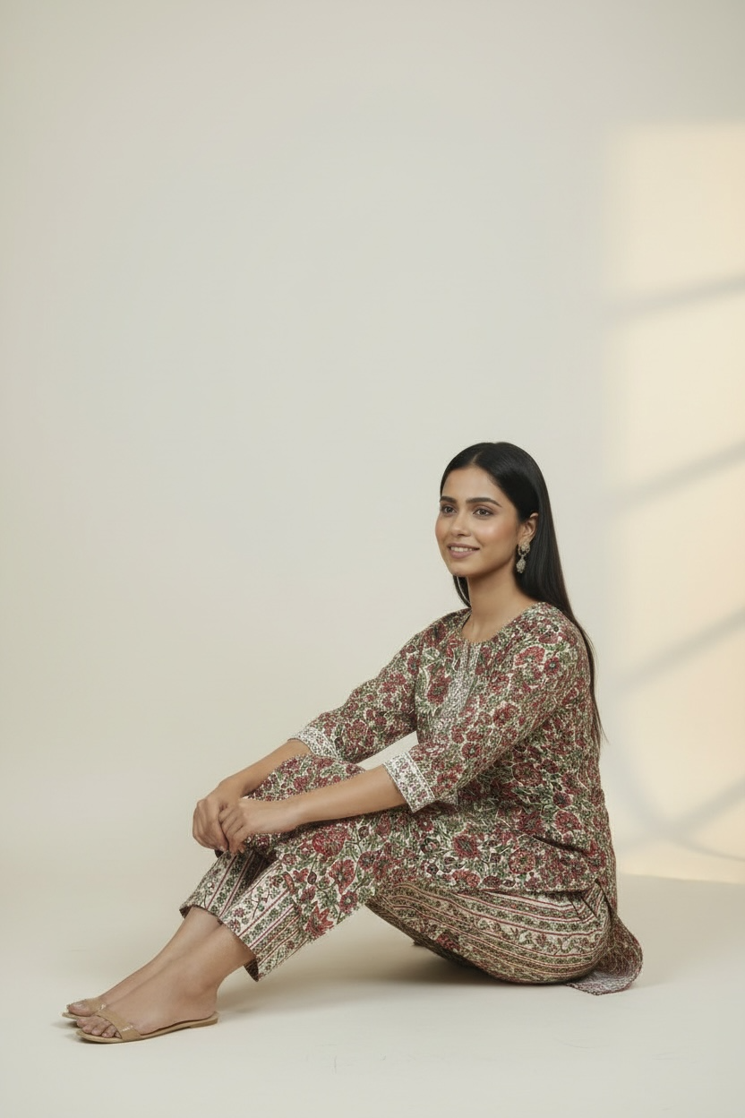 Red Floral Printed Cotton 2 Piece Kurta Set