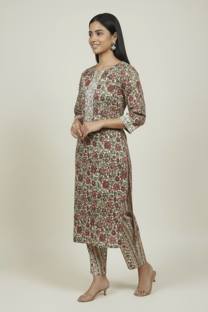 Red Floral Printed Cotton 2 Piece Kurta Set