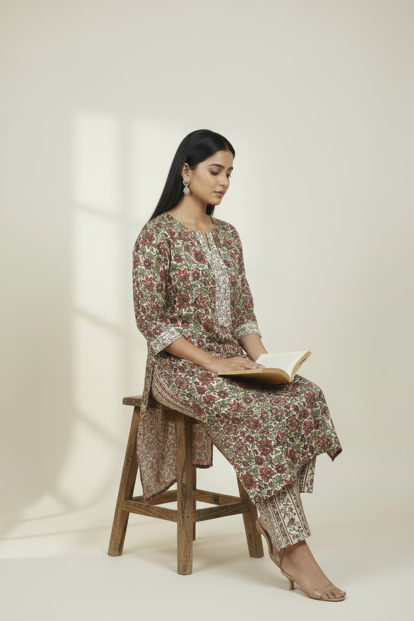 Red Floral Printed Cotton 2 Piece Kurta Set