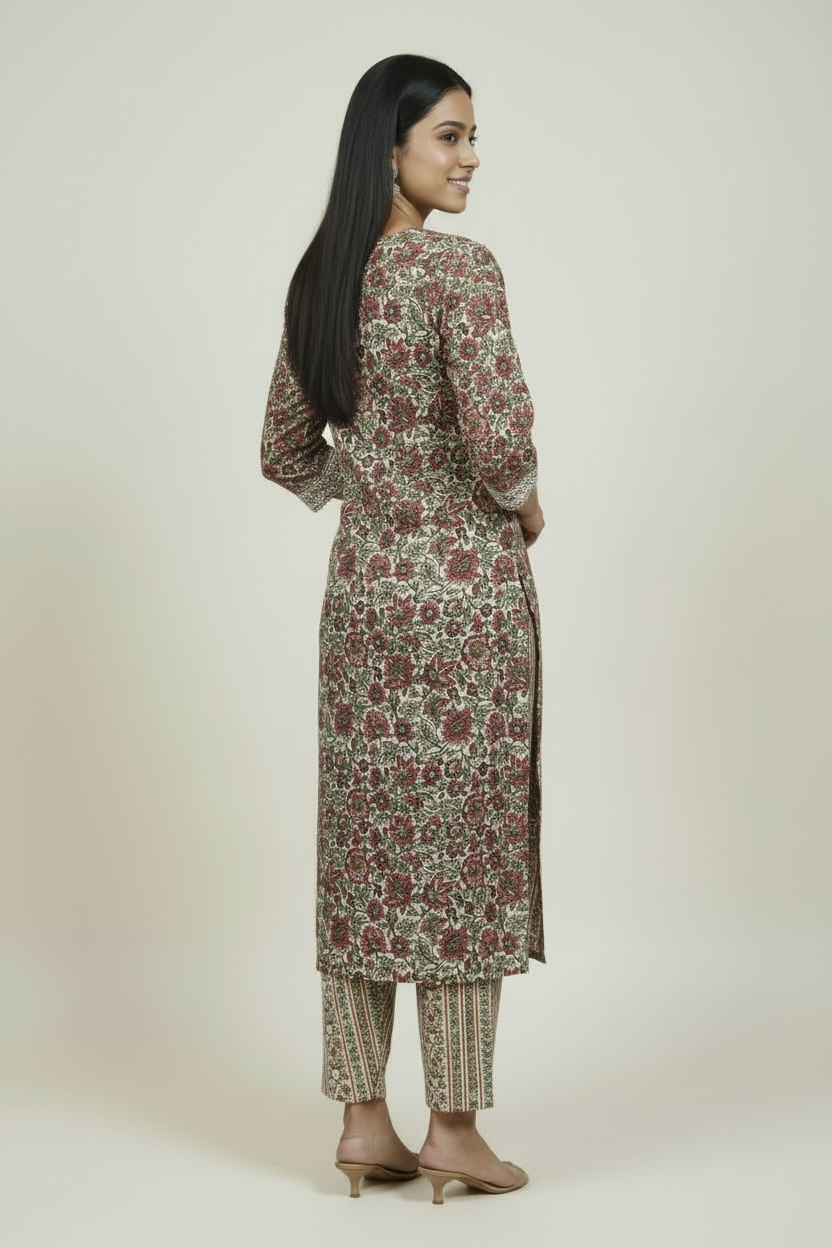 Red Floral Printed Cotton 2 Piece Kurta Set
